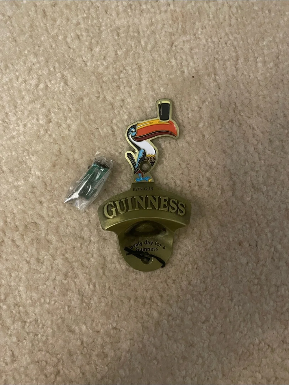 Guinness Brass-Tone Toucan Wall Bottle Opener with Colorful Beak